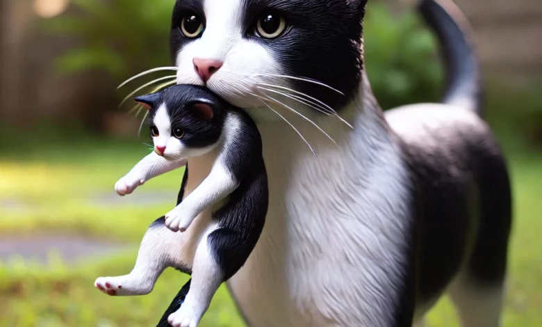 chat porte son chaton par la peau du cou