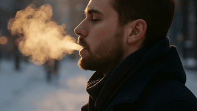Souffle visible d’un homme en hiver.