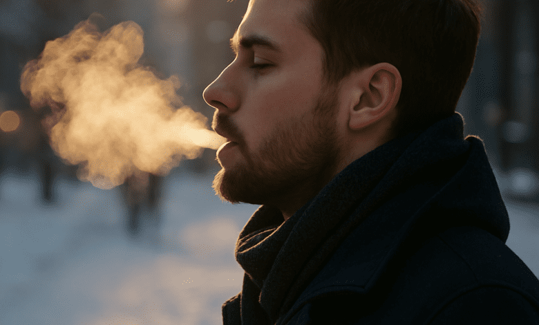 Souffle visible d’un homme en hiver.