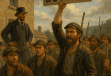 Paysans irlandais brandissant une pancarte "boycott" face au propriétaire terrien.