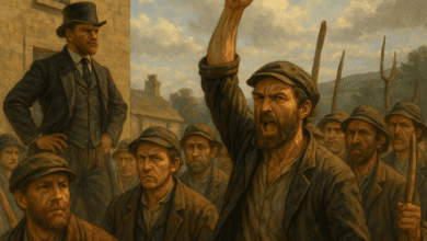 Paysans irlandais brandissant une pancarte "boycott" face au propriétaire terrien.