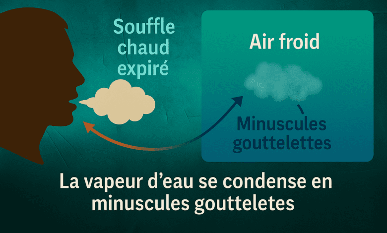 la condensation du souffle chaud en minuscules gouttelettes dans l’air froid.