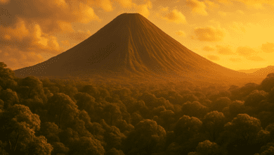 Volcan dormant entouré d’une forêt dense, baigné par la lumière dorée du coucher du soleil.