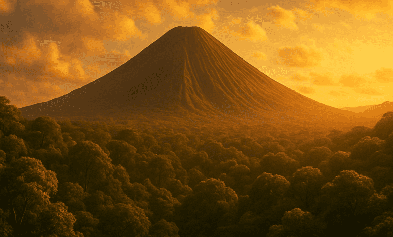 Volcan dormant entouré d’une forêt dense, baigné par la lumière dorée du coucher du soleil.